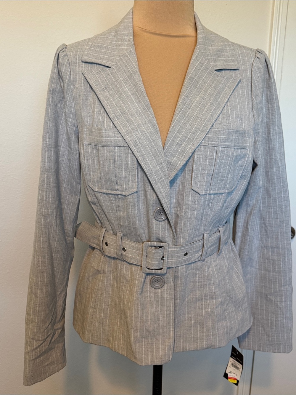 Robert Louis Light Gray Pinstripe Belted Blazer
